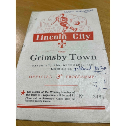 227 - 1951/52 Lincoln City v Grimsby Town, FA Cup 2nd round. Writing on front. Scores written in middle.