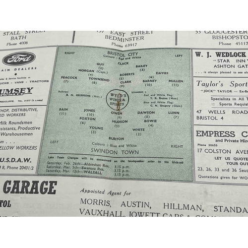 296 - 1948/49 Bristol City v Swindon Town, mark on cover. Staple removed