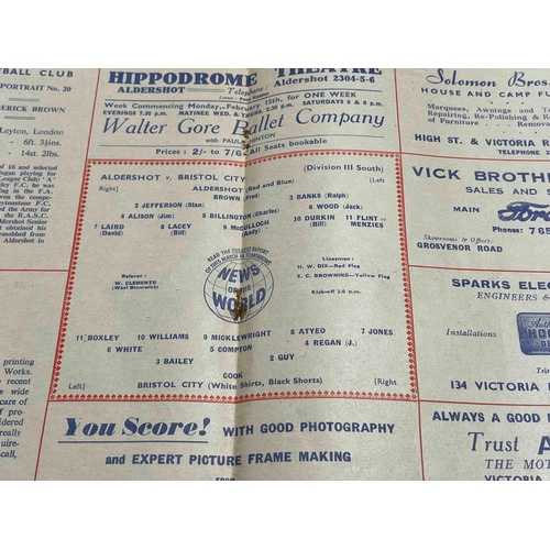 260 - 1953/54 Aldershot v Bristol City, RS removed. Pages loose. But clean