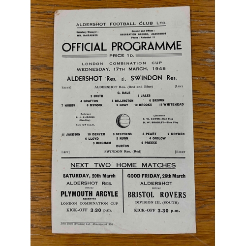 52 - 1947/48 Aldershot Reserves v Swindon Reserves, London Combination Cup. S/S