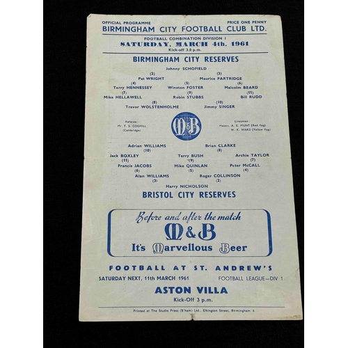 6 - Birmingham reserves v Bristol City reserves 4/3/1961 single sheet fold/slcr