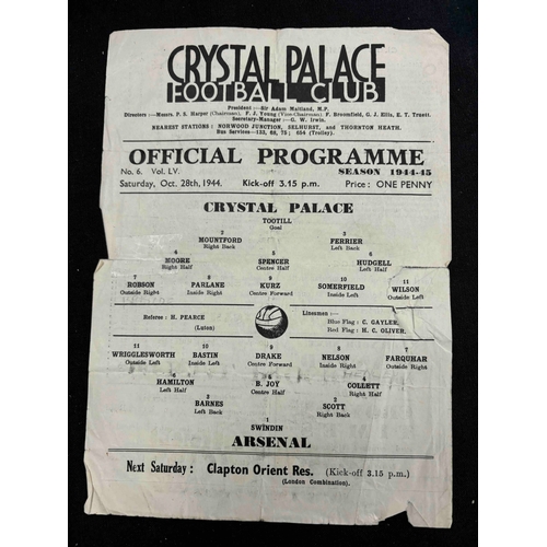 241 - WAR TIME 1944/45 Crystal Palace v Arsenal, signs of repair, these Palace war programmes had not good... 
