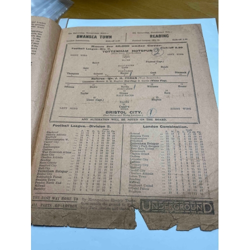 54 - 1929/30 Tottenham v Bristol City, Score noted and Damage to back cover through holes and tears on th... 