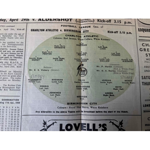 92 - 1949/50 Charlton v Birmingham City, Team changes in pencil, Good condition