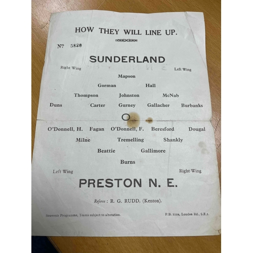 208 - 1937 FA Cup Final, Teamsheet, Sunderland v Preston North End. Rusty spot in middle. S/S