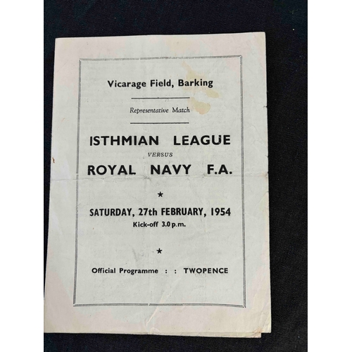 232 - 1954 Istmian league v Royal Navy FA. At Barking, Fold and small stain on cover.