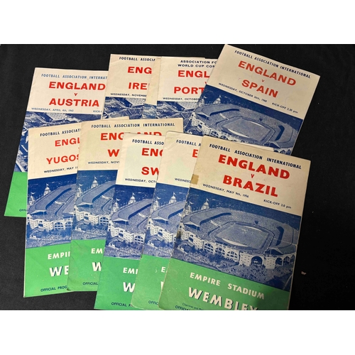 291 - Pack of 11 x England late 50's early 60's programmes, includes, Brazil (Celetape edge, loose cover) ... 