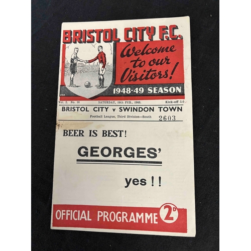 296 - 1948/49 Bristol City v Swindon Town, mark on cover. Staple removed