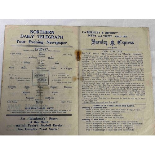 11 - 1946/47 Burnley v Birmingham City, Fold and rust marks with Opposition noted on cover