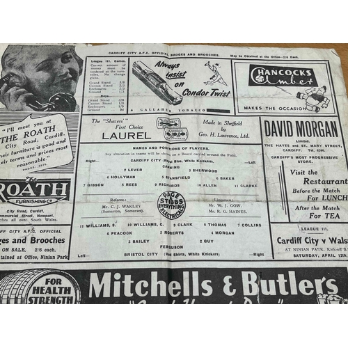 78 - 1946/47 Cardiff City v Bristol City, worn fold and tears.