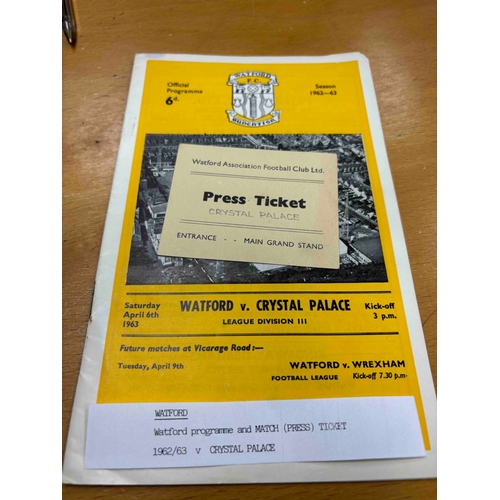 116 - Ticket + Programme, 1962/63 Watford v Crystal Palace. Press ticket