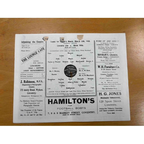 120 - 1937/38 Coventry City v Aston Villa, RS. Middle page loose, Aston villa v Coventry City written on t... 