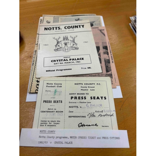 82 - Ticket + Programme, 1962/63 Notts County v Crystal Palace, Press ticket and Press Cuttings.