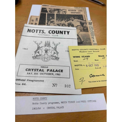 83 - Ticket + Programme, 1963/64 Notts County v Crystal Palace, and Press Cuttings.
