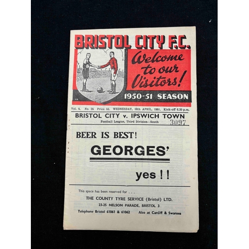 89 - 1950/51 Bristol City v Ipswich Town, Rare hard to get programme.