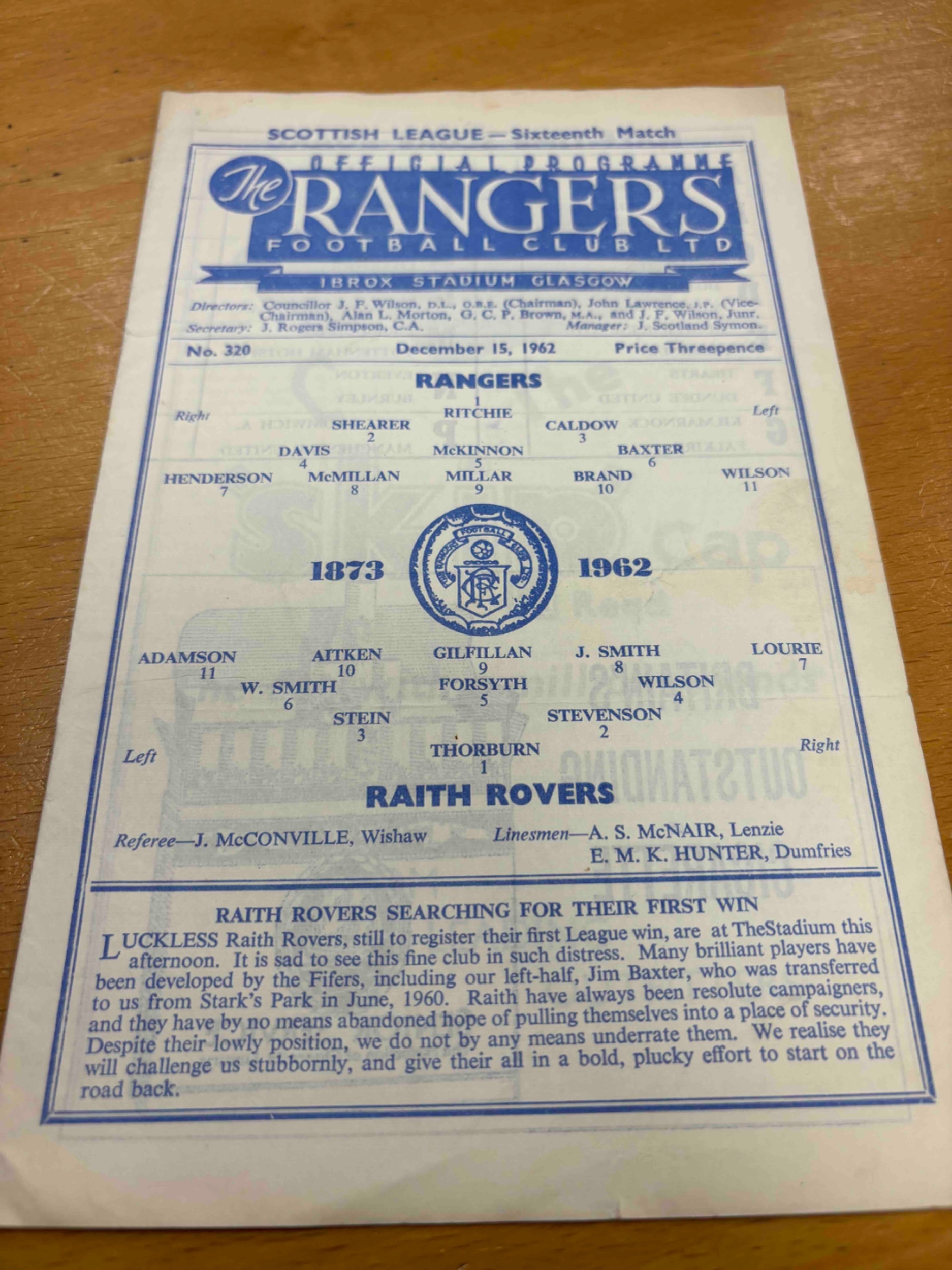 1962/63 Rangers v Raith Rovers, No320. folds
