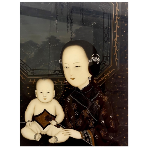 12 - CHINESE PAINTINGS ON GLASS DEPICTING MOTHER & BABY, LATE 19TH CENTURY, Framed, 53x38cm           **P... 