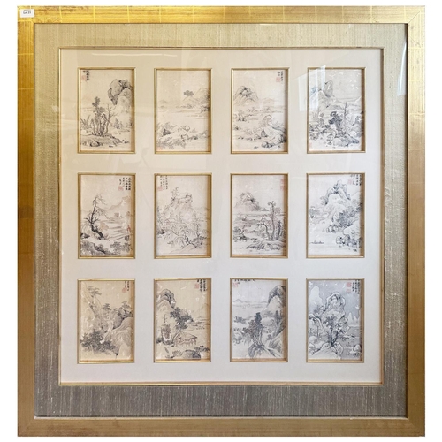 21 - A GOOD SET OF TWELVE FRAMED CHINESE LANDSCAPES, 19TH/20TH CENTURY, ink and colour on paper, 88x88cm ... 