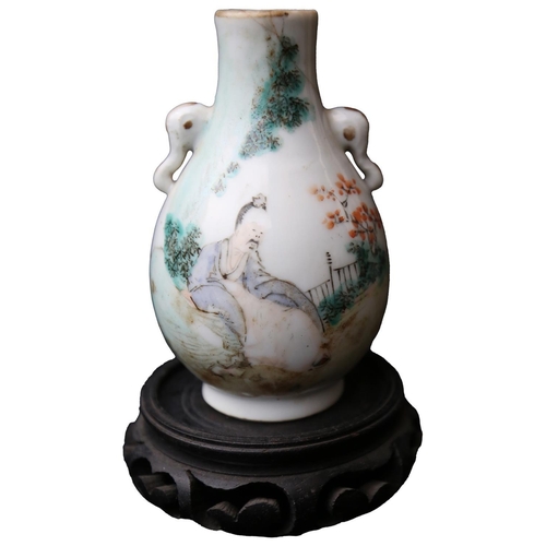 233 - A SMALL CHINESE BULBOUS VASE,  REPUBLIC PERIOD decorated with scholar seated on a rock  11cm high   ... 