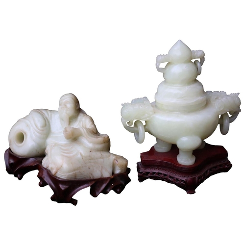 234 - A JADEITE CENSOR ON STAND AND A CARVED JADEITE SCHOLAR SEATED UPON A ROCK (2)           **PLEASE NOT... 