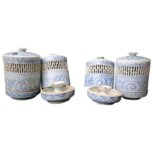 238 - SET OF FOUR CHINESE BLUE AND WHITE CANDLE HOLDERS AND COVERS with pierced decoration           **PLE... 