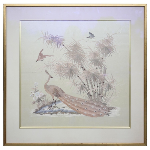 240 - A FRAMED CHINESE SILK EMBROIDERY OF A PEACOCK,  53x53cm           **PLEASE NOTE: THIS AUCTION IS IN ... 