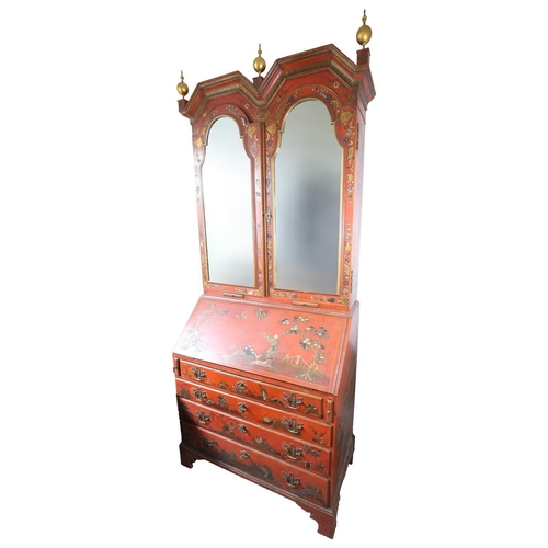 243 - A FINE QUALITY GEORGE I STYLE RED JAPANNED BUREAU CABINET, 19TH CENTURY OR EARLIER, the mirror doors... 