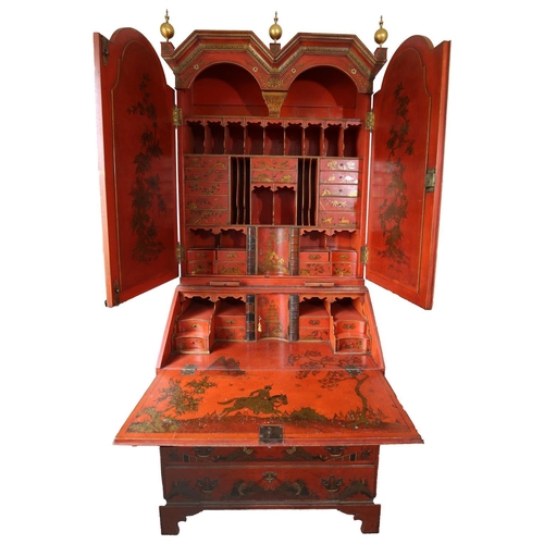 243 - A FINE QUALITY GEORGE I STYLE RED JAPANNED BUREAU CABINET, 19TH CENTURY OR EARLIER, the mirror doors... 