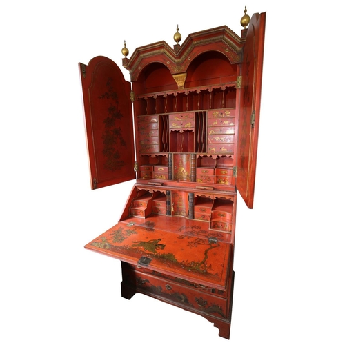 243 - A FINE QUALITY GEORGE I STYLE RED JAPANNED BUREAU CABINET, 19TH CENTURY OR EARLIER, the mirror doors... 