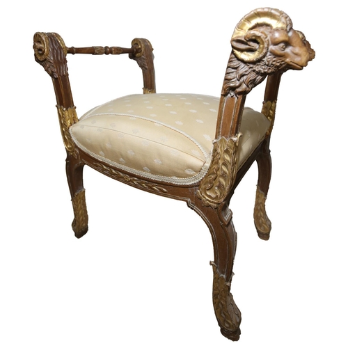 244 - A GOOD REGENCY STYLE GILT DECORATED RAMS HEAD STOOL, EARLY 20TH CENTURY,  upon gilt decorated legs, ... 