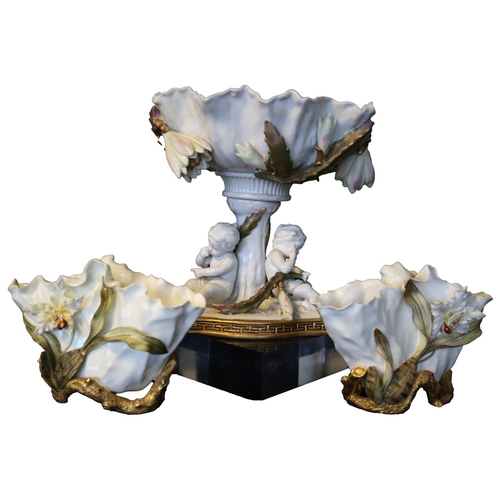 254 - A PAIR OF MOORE BROS PORCELAIN DECORATION FLOWERS POSY'S AND A CONTINENTAL PORCELAIN CENTREPIECE WIT... 