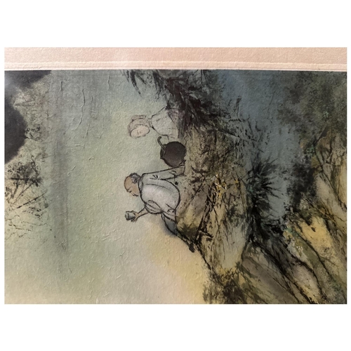 27 - HUI ZHU (20TH CENTURY) WATERCOLOUR DEPICTING A SCHOLAR SAT UPON A ROCK WITH MOUNTAIN RIVERS SCENES, ... 