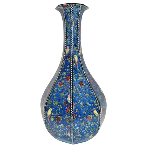 4 - A ROYAL DOULTON HEXAGONAL VASE DECORATED WITH CANARIES ON A BLUE FLORAL GROUND, D4031,  37cm high   ... 