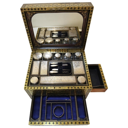 52 - A FINE BRASS INLAID GENTLEMEN'S TRAVELING COMPENDIUM WITH SILVER INTERIOR BOTTLES, THOMAS WHITEHORSE... 