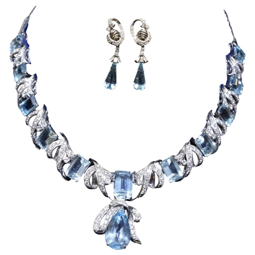 63 - A IMPRESSIVE DIAMOND & AQUAMARINE NECKLACE WITH MATCHING EARINGS,  Cased           **PLEASE NOTE: TH... 