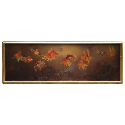 242 - A FINE SIGNED CHINESE OIL ON PANEL DEPICTING GOLDFISH, signed Lee Man Fong  60x190 cm,           **P... 