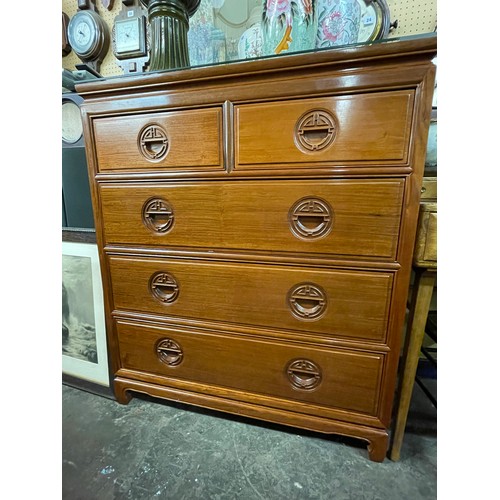 1 - CHINESE INFLUENCED ROSEWOOD TWO OVER THREE DRAWER CHEST WITH GLASS TOP