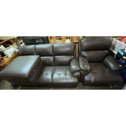 50 - BROWN LEATHER ELECTRIC RECLINING ARMCHAIR, TWO SEATER SOFA AND MATCHING STORAGE FOOTSTOOL