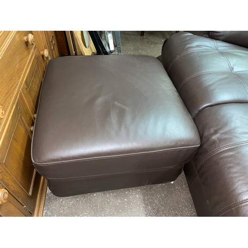 50 - BROWN LEATHER ELECTRIC RECLINING ARMCHAIR, TWO SEATER SOFA AND MATCHING STORAGE FOOTSTOOL