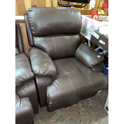 50 - BROWN LEATHER ELECTRIC RECLINING ARMCHAIR, TWO SEATER SOFA AND MATCHING STORAGE FOOTSTOOL