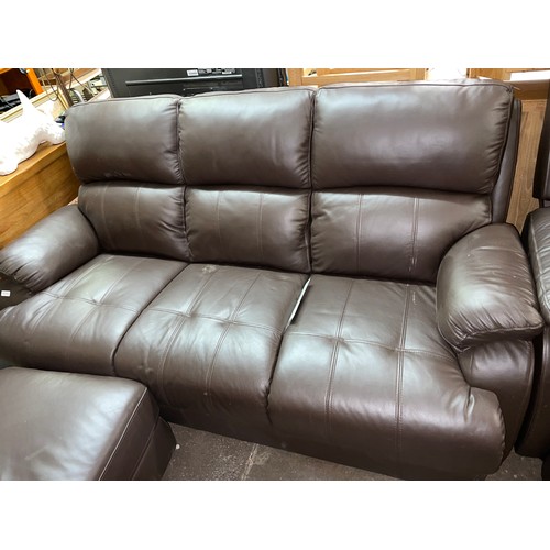 50 - BROWN LEATHER ELECTRIC RECLINING ARMCHAIR, TWO SEATER SOFA AND MATCHING STORAGE FOOTSTOOL