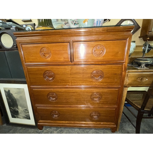 1 - CHINESE INFLUENCED ROSEWOOD TWO OVER THREE DRAWER CHEST WITH GLASS TOP