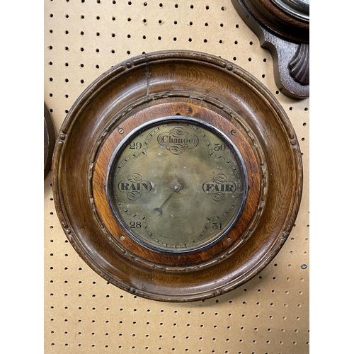 22 - CONTEMPORARY BRASS SHIP'S TYPE BAROMETER AND CLOCK ON WOODEN PLAQUE