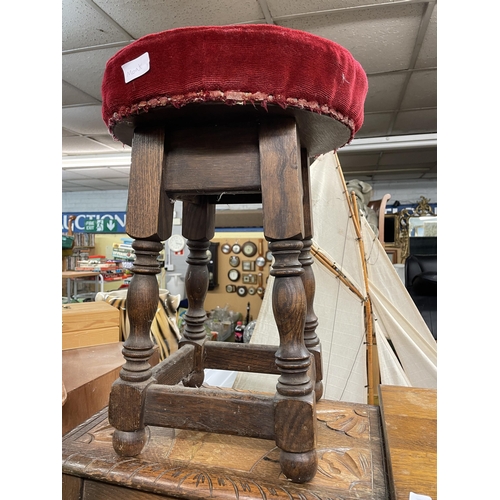 123 - CARVED TOPPED JOINT STOOL AND UPHOLSTERED CIRCULAR STOOL