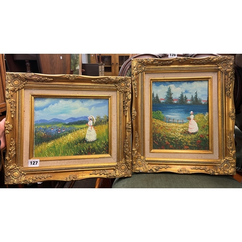 127 - PAIR OF OILS ON CANVAS FEMALE FIGURE IN SUMMER LANDSCAPES IN GILT FRAMES