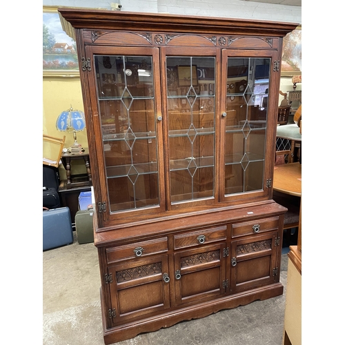 133 - OLD CHARM LEADED GLAZED THREE DOOR DRESSER CUPBOARD