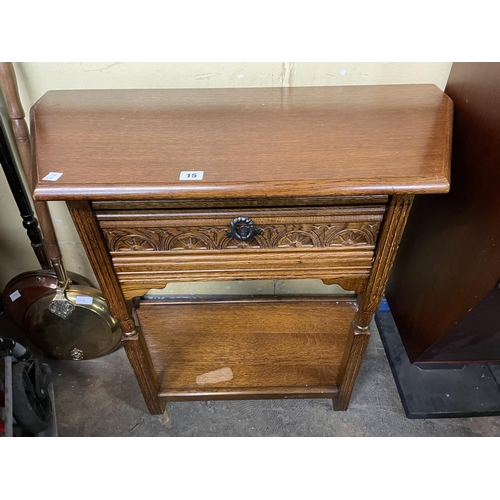 15 - REPRODUCTION OAK CARVED CREDENCE STYLE TABLE