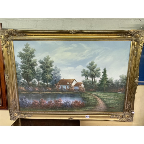 157 - 20TH CENTURY OIL ON CANVAS OF A COTTAGE LANDSCAPE SIGNED MARTEN IN GILT SWEPT FRAME