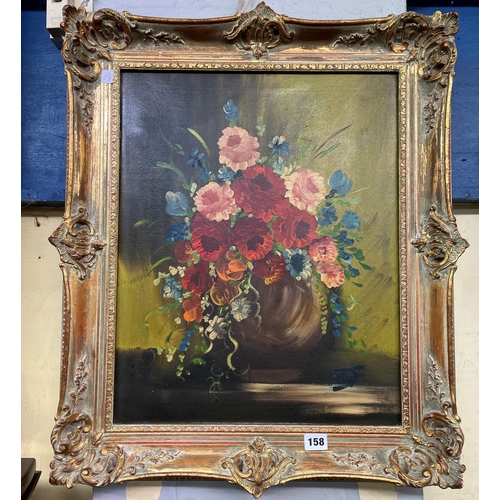 158 - OIL ON CANVAS STILL LIFE VASE OF MIXED FLOWERS IN GILT SWEPT FRAME