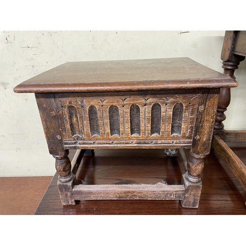 170 - REPRODUCTION OAK CARVED NEEDLEWORK STOOL BOX